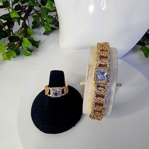 Gold Chain Cuff Bracelet and Ring Set Cubic Zirconia Bling!
